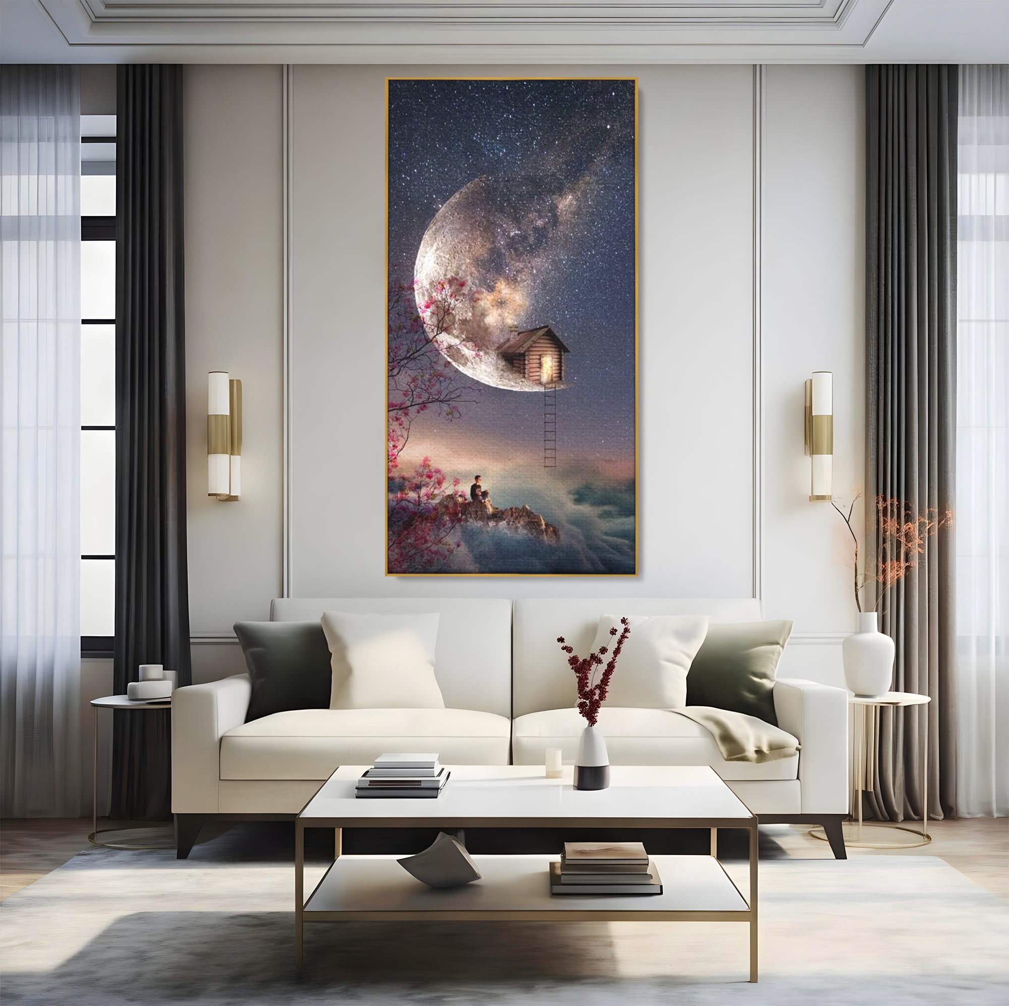 Tablou canvas cu ilustratie digitala cu casa pe luna, in rama de aluminiu auriu, pe perete intr-un living